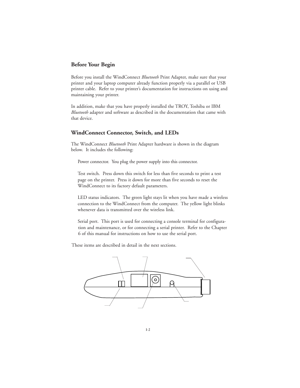 Before your begin, Windconnect connector, switch, and leds | TROY Group Bluetooth Print Adapter User Manual | Page 8 / 34