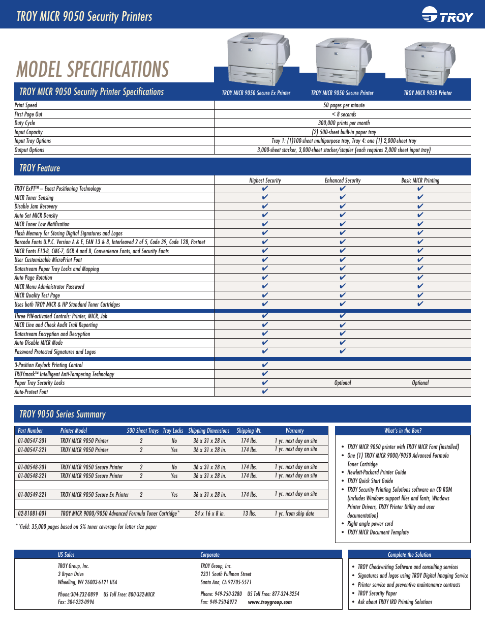 Model specifications, Troy micr 9050 security printers, Troy micr 9050 security printer specifications | Troy feature, Troy 9050 series summary | TROY Group MICR 9050 User Manual | Page 2 / 2