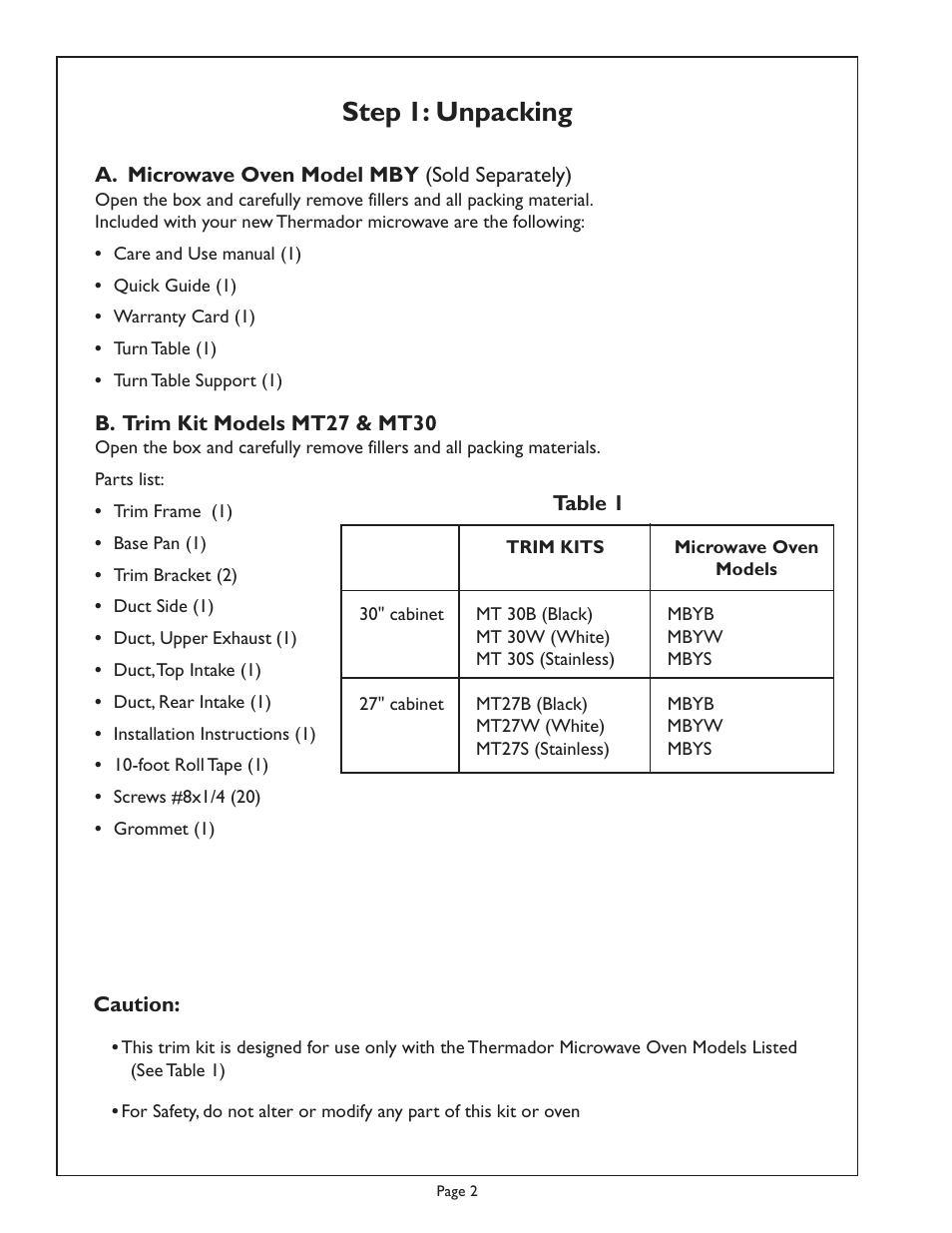 Step 1: unpacking | Thermador MT27 User Manual | Page 2 / 8