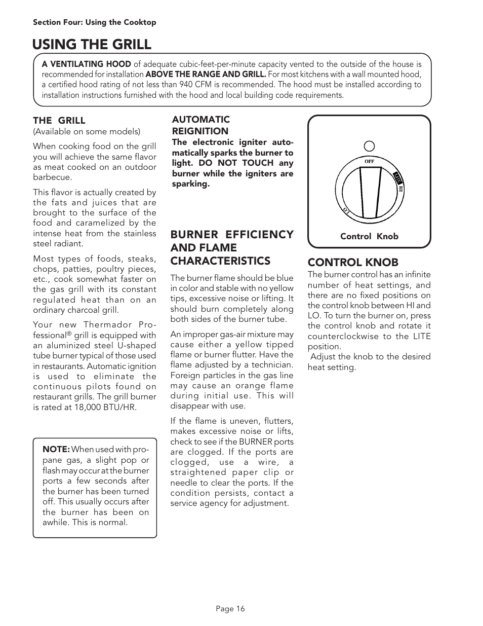 Using the grill, Control knob, Burner efficiency and flame characteristics | Thermador PSC486GL User Manual | Page 18 / 36