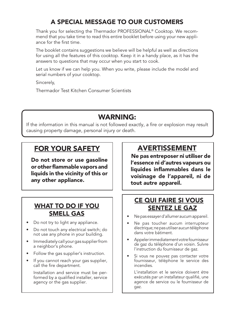 Warning, Avertissement, For your safety | A special message to our customers, What to do if you smell gas, Ce qui faire si vous sentez le gaz | Thermador PSC486GL User Manual | Page 2 / 36
