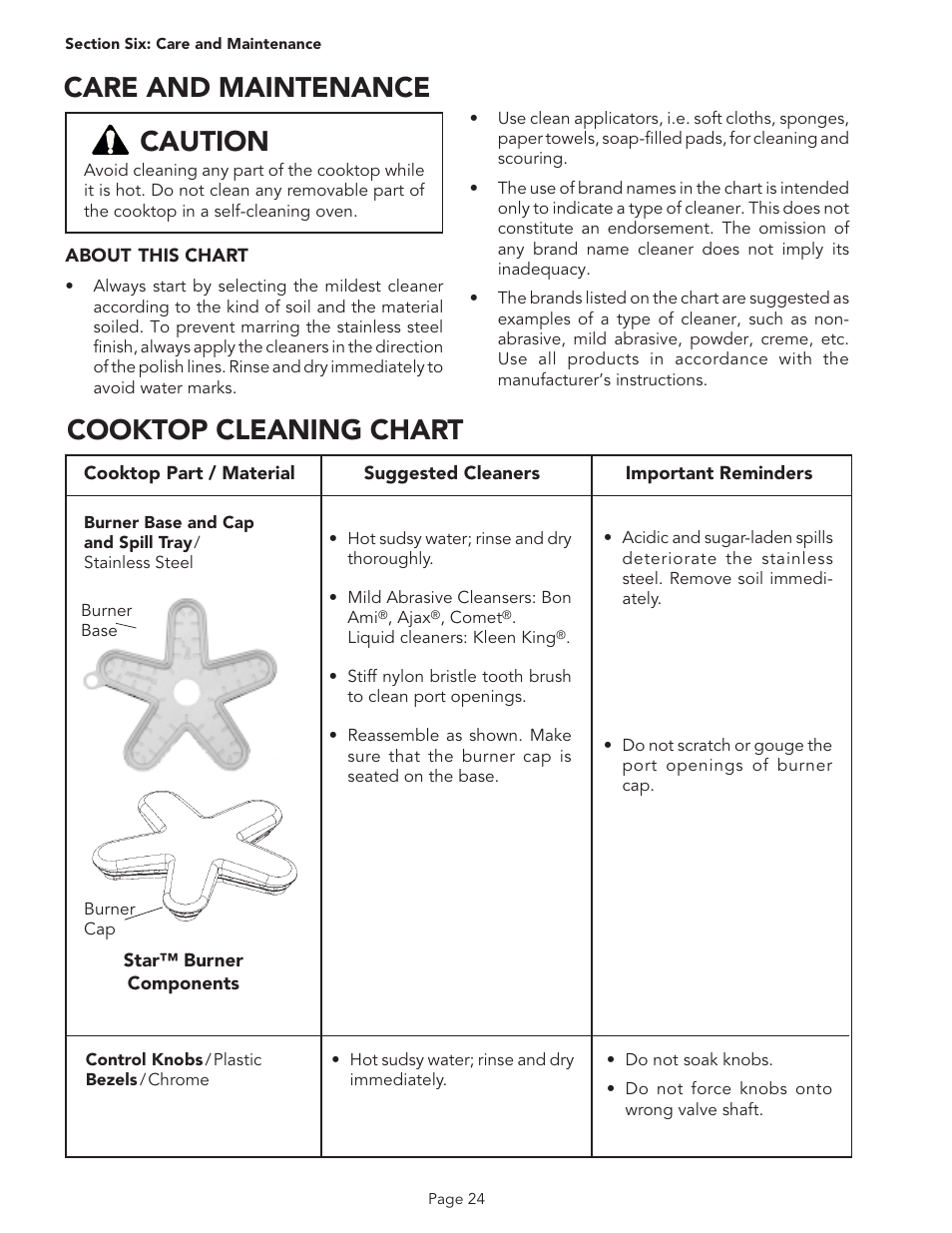 Care and maintenance caution, Cooktop cleaning chart | Thermador PSC486GL User Manual | Page 26 / 36