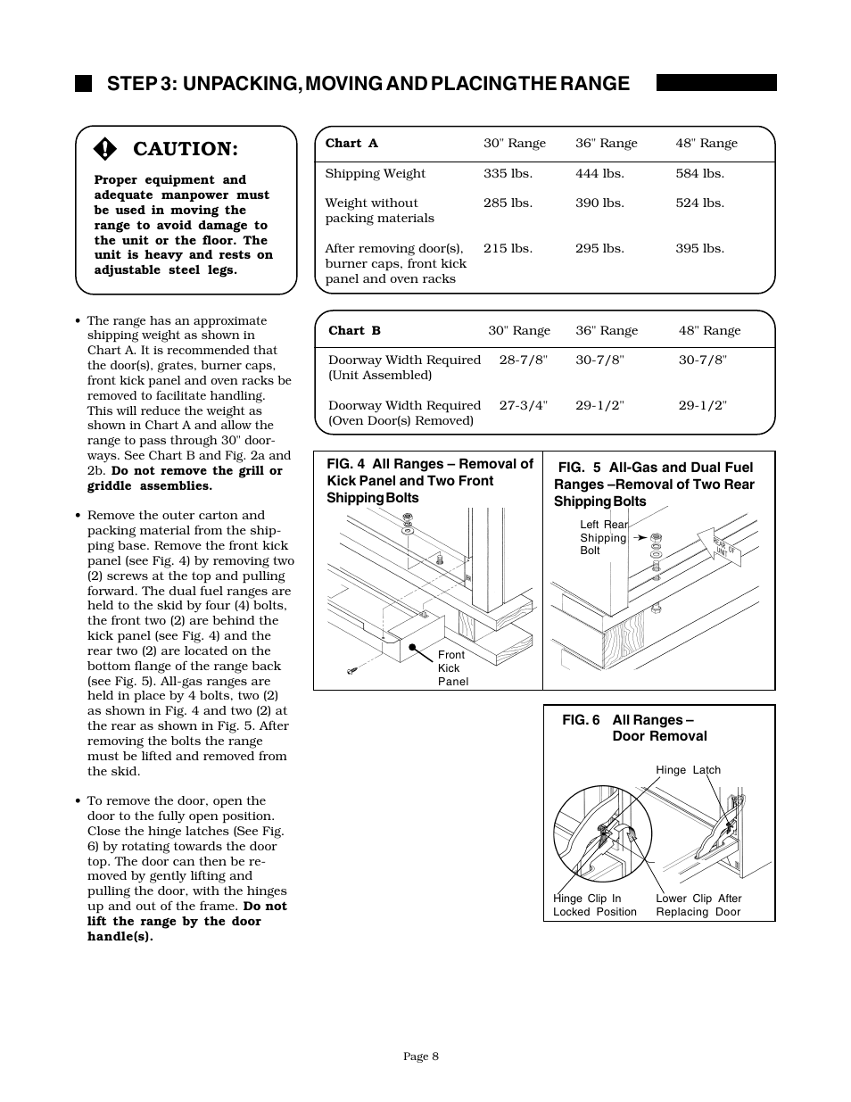 Caution, Step 3: unpacking, moving and placing the range | Thermador PRDS304 User Manual | Page 10 / 28