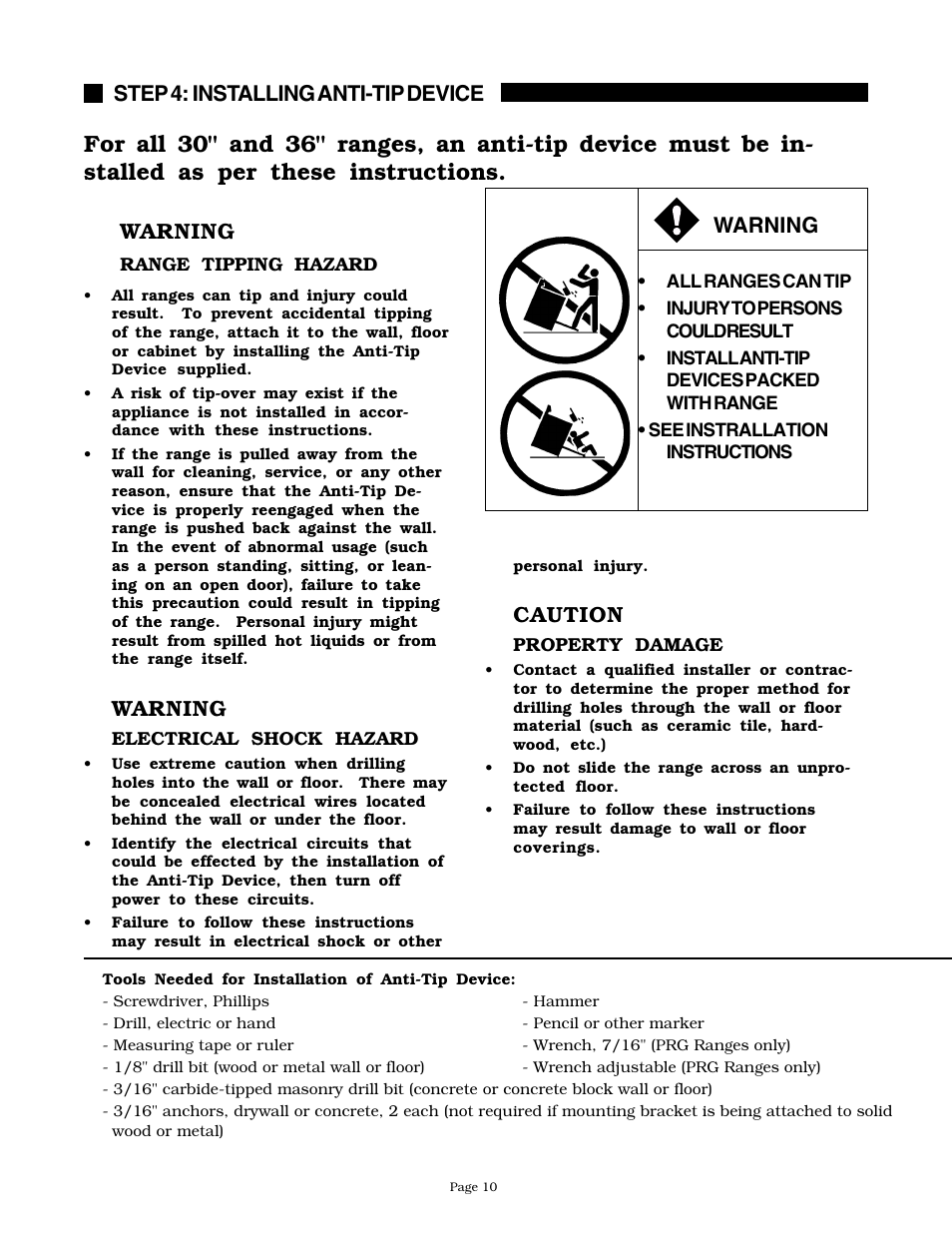 Step 4: installing anti-tip device, Caution, Warning | Thermador PRDS304 User Manual | Page 12 / 28