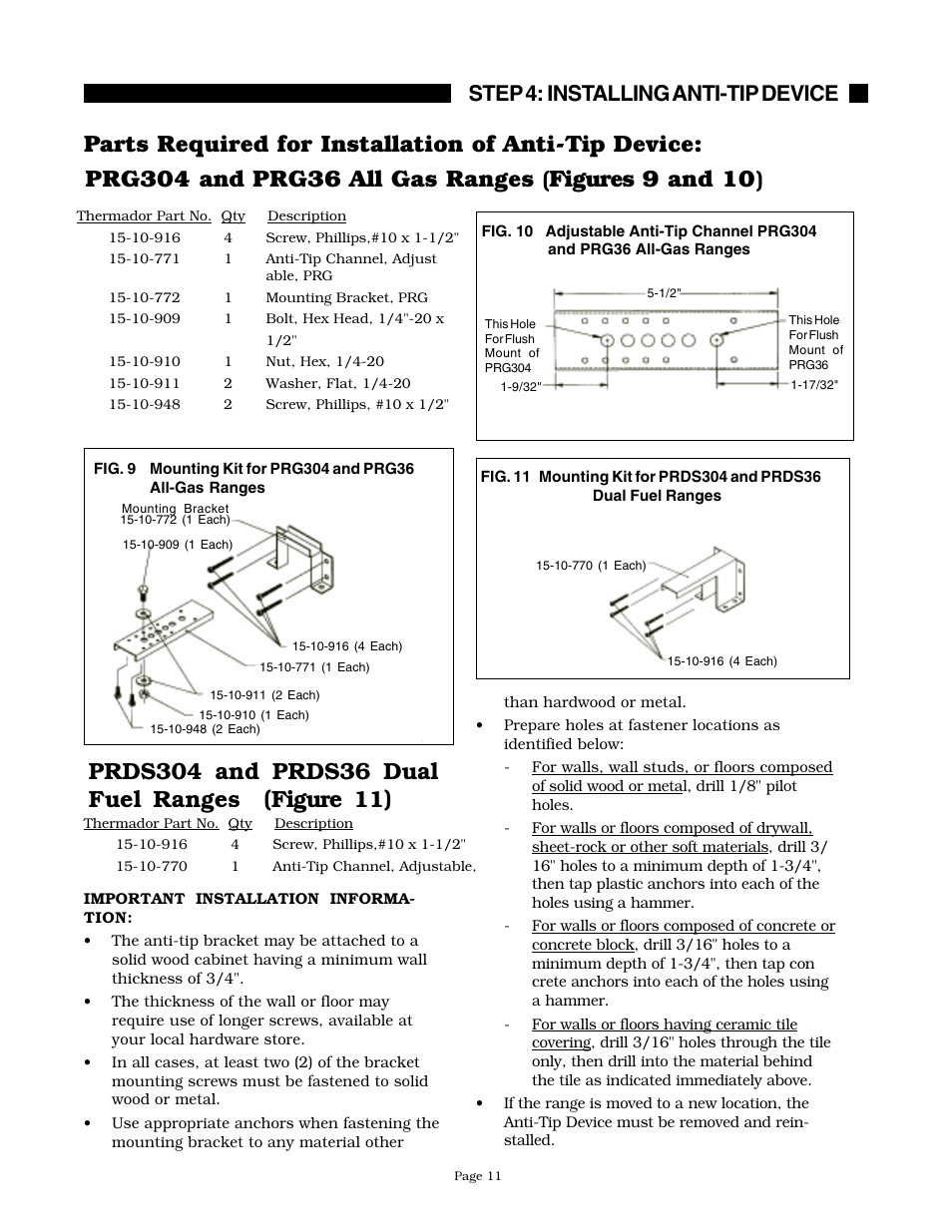 Step 4: installing anti-tip device | Thermador PRDS304 User Manual | Page 13 / 28