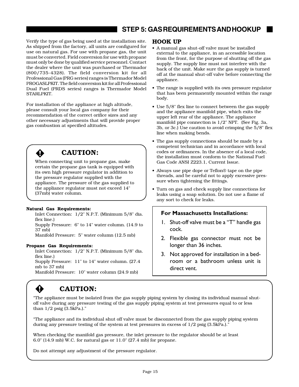 Caution, Step 5: gas requirements and hookup caution | Thermador PRDS304 User Manual | Page 17 / 28