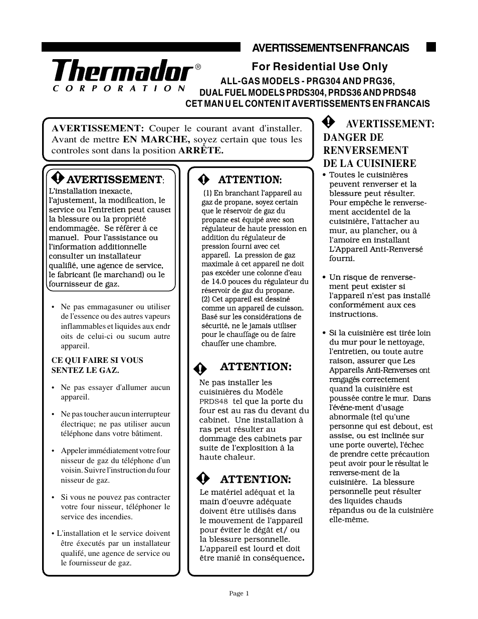 For residential use only | Thermador PRDS304 User Manual | Page 3 / 28