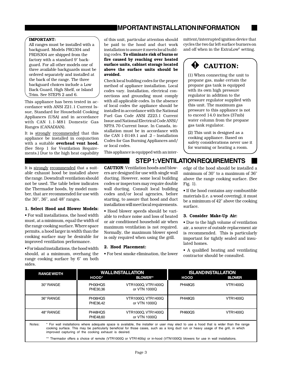 Important installation information, Step 1: ventilation requirements, Caution | Thermador PRDS304 User Manual | Page 5 / 28
