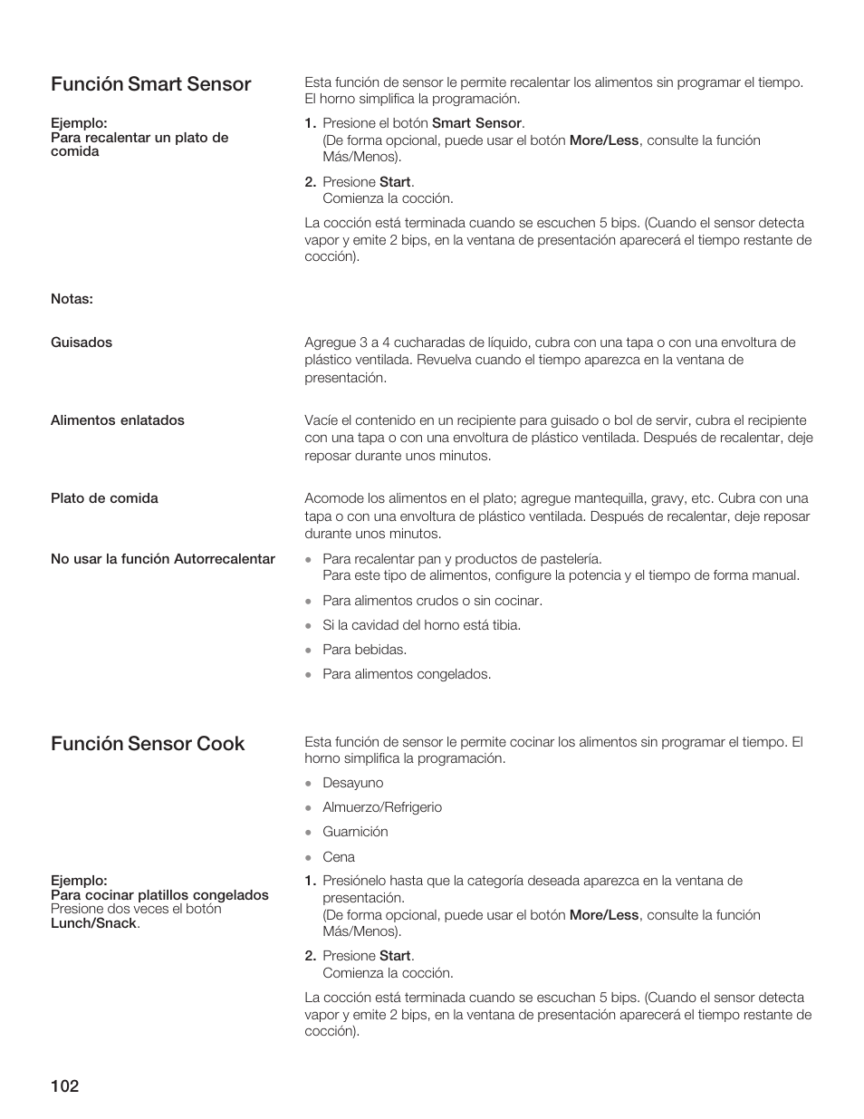 Función smart sensor, Función sensor cook | Thermador AN AMERICAN ICON MBEB User Manual | Page 102 / 124