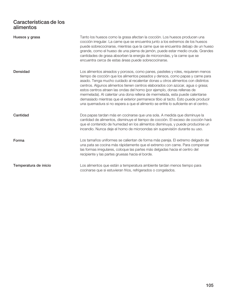 Características de los alimentos | Thermador AN AMERICAN ICON MBEB User Manual | Page 105 / 124