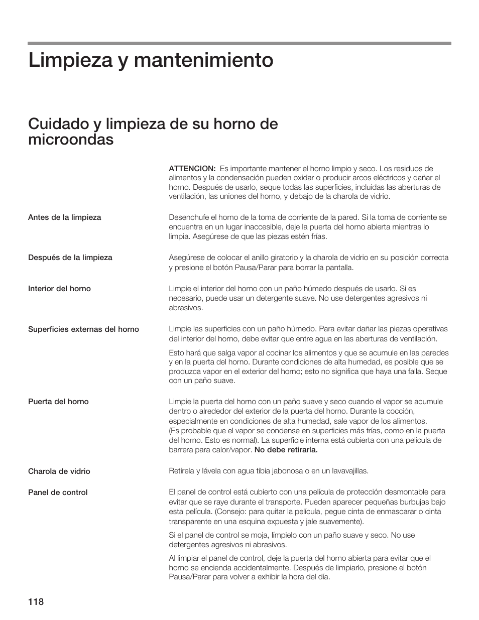 Limpieza y mantenimiento, Cuidado y limpieza de su horno de microondas | Thermador AN AMERICAN ICON MBEB User Manual | Page 118 / 124