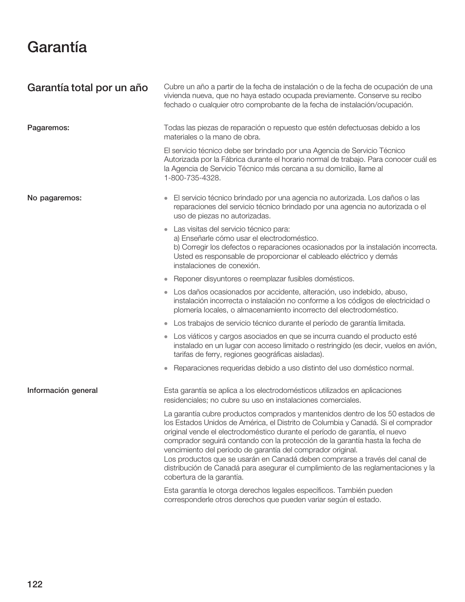 Garantía, Garantía total por un año | Thermador AN AMERICAN ICON MBEB User Manual | Page 122 / 124