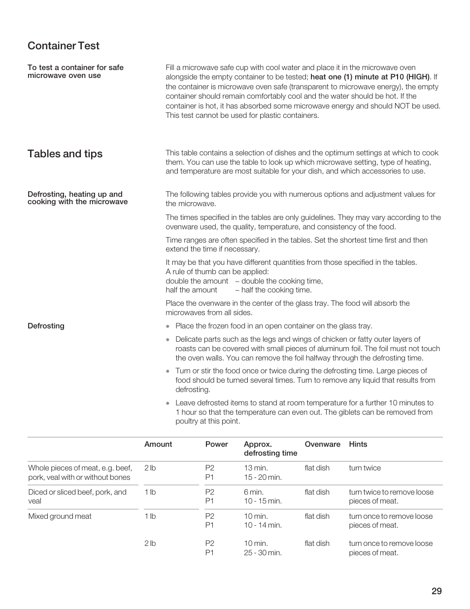 Container test, Tables and tips | Thermador AN AMERICAN ICON MBEB User Manual | Page 29 / 124