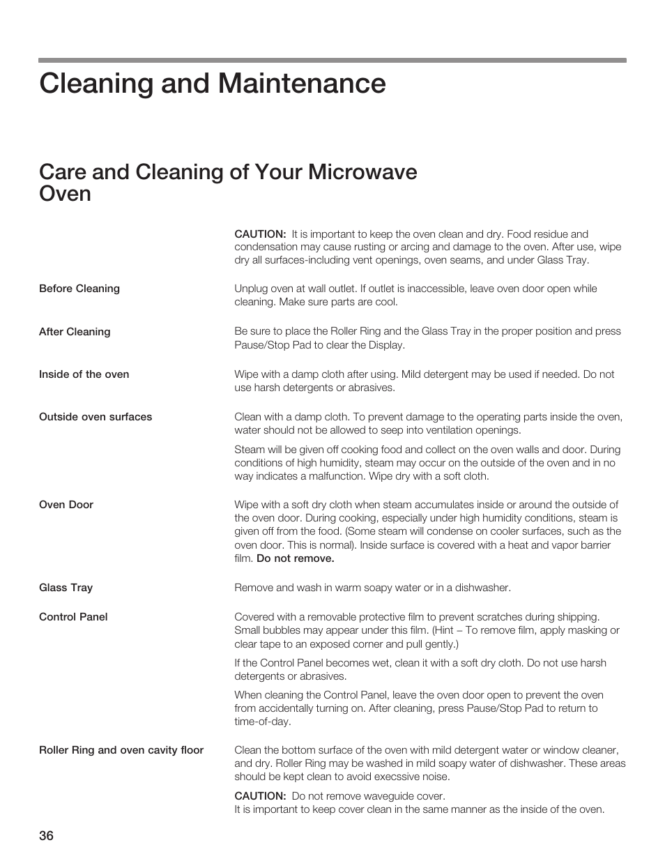 Cleaning and maintenance, Care and cleaning of your microwave oven | Thermador AN AMERICAN ICON MBEB User Manual | Page 36 / 124