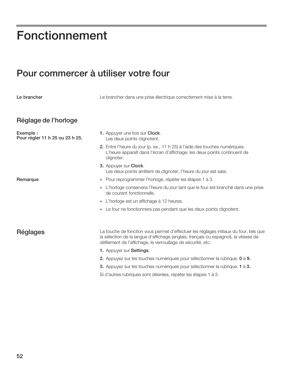 Fonctionnement, Pour commercer à utiliser votre four | Thermador AN AMERICAN ICON MBEB User Manual | Page 52 / 124