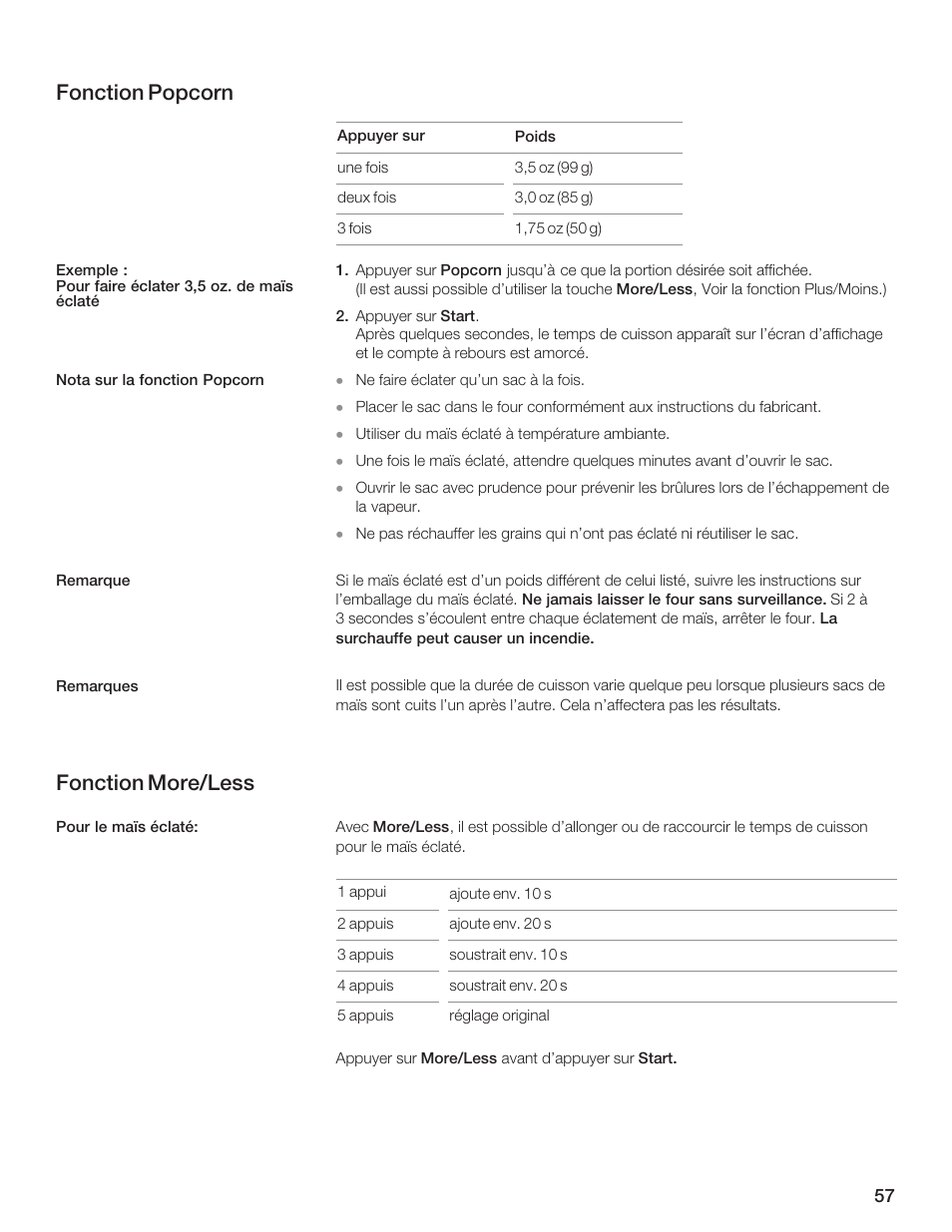 Fonction popcorn, Fonction more/less | Thermador AN AMERICAN ICON MBEB User Manual | Page 57 / 124