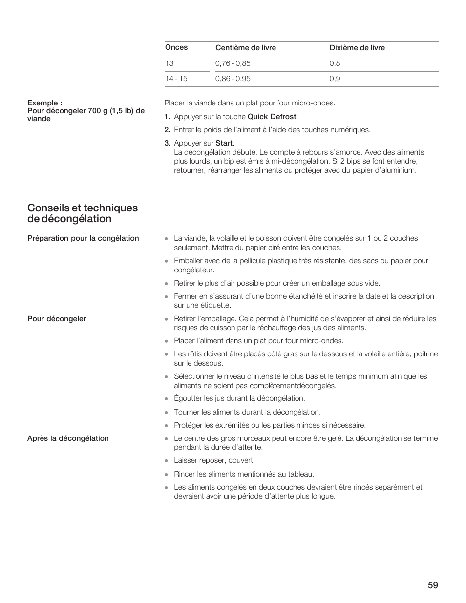 Conseils et techniques de décongélation | Thermador AN AMERICAN ICON MBEB User Manual | Page 59 / 124