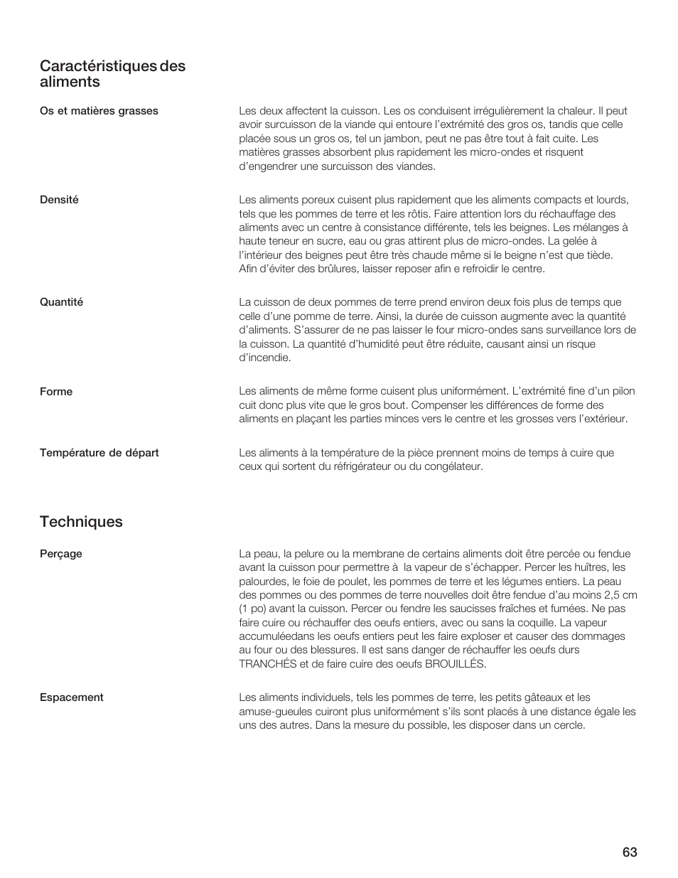 Caractéristiques des aliments, Techniques | Thermador AN AMERICAN ICON MBEB User Manual | Page 63 / 124