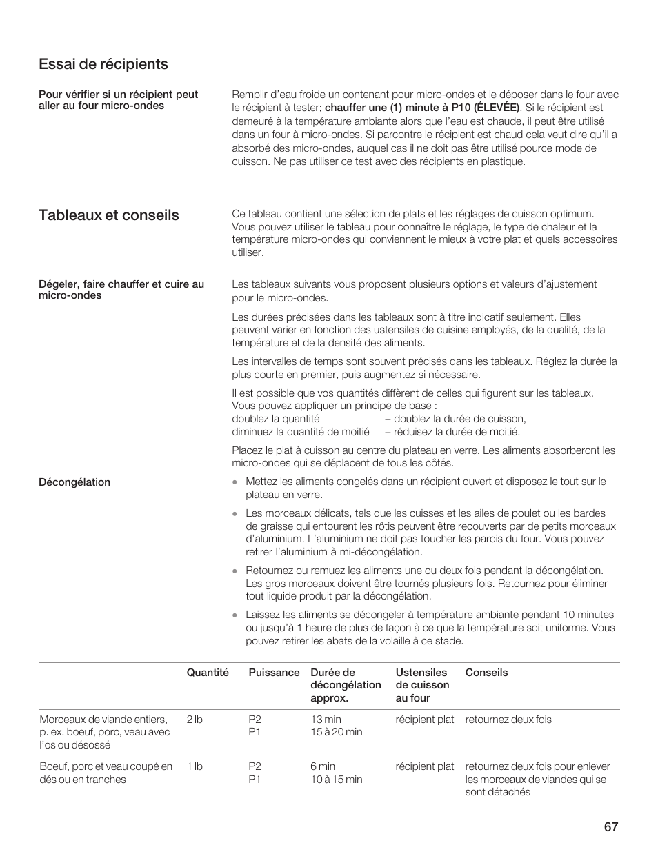 Essai de récipients, Tableaux et conseils | Thermador AN AMERICAN ICON MBEB User Manual | Page 67 / 124