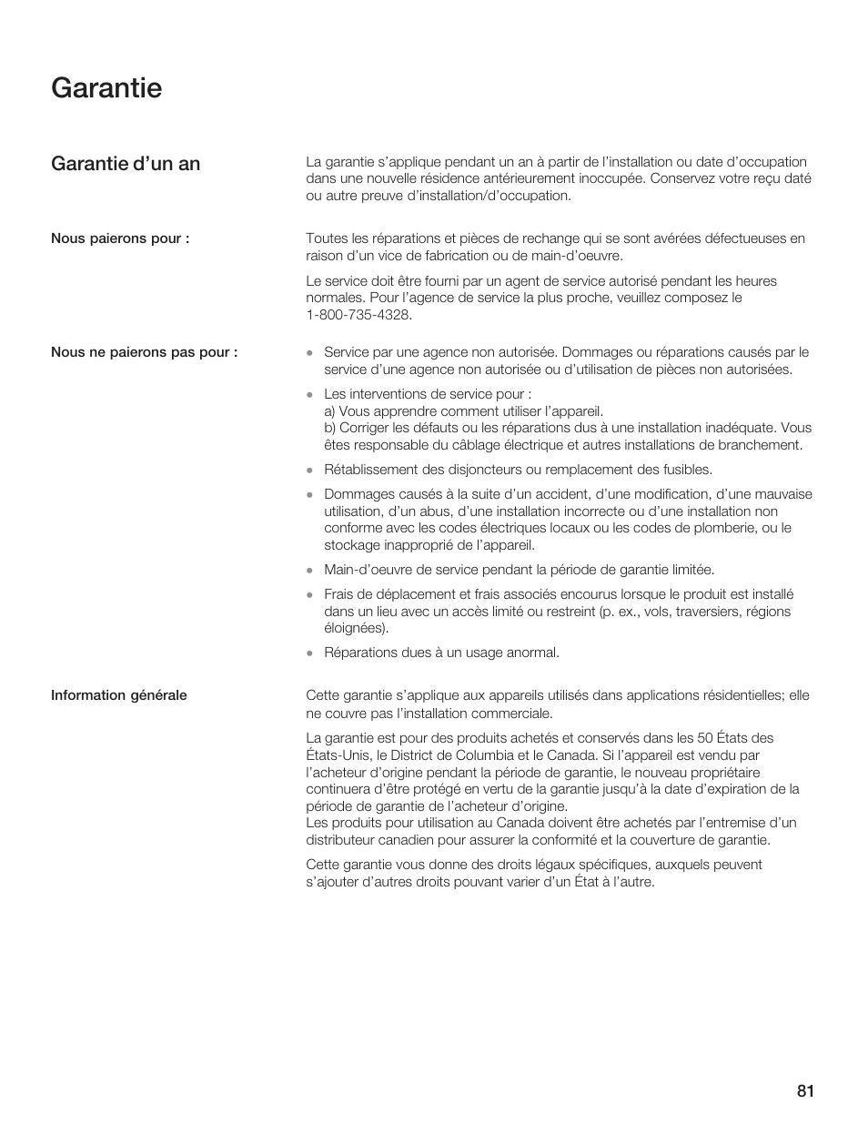 Garantie, Garantie d'un an | Thermador AN AMERICAN ICON MBEB User Manual | Page 81 / 124