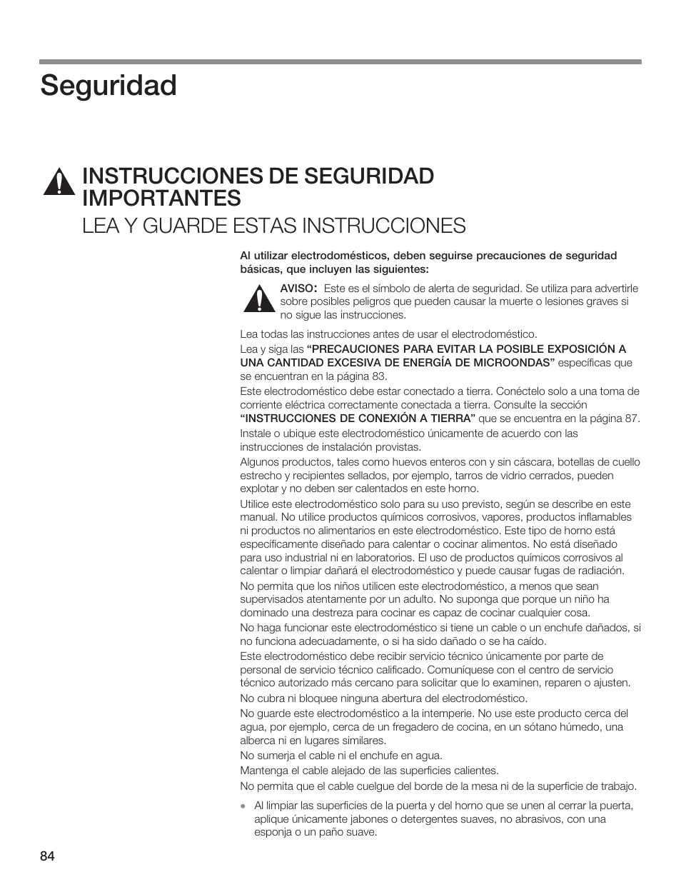 Seguridad, Instrucciones de seguridad importantes, Lea y guarde estas instrucciones | Thermador AN AMERICAN ICON MBEB User Manual | Page 84 / 124