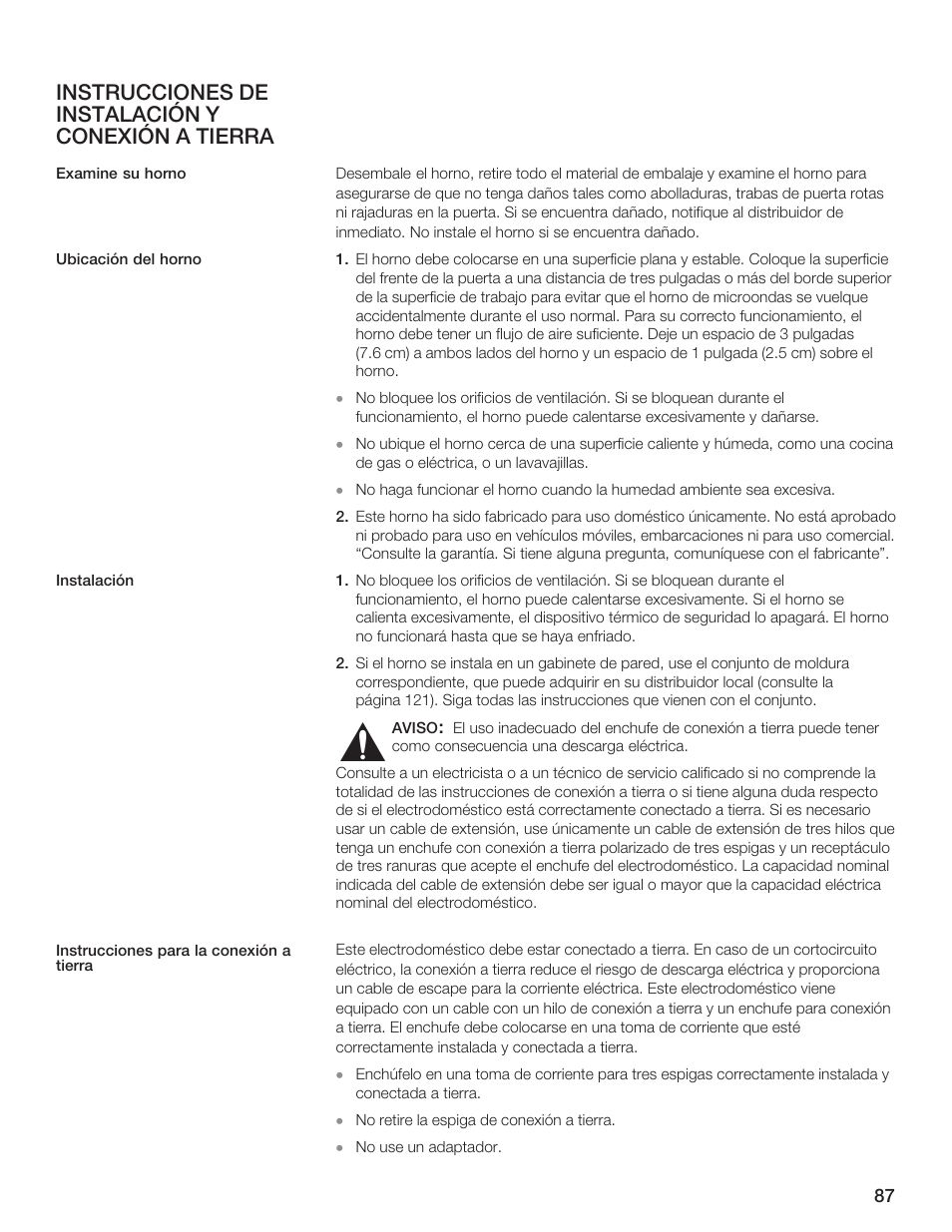 Instrucciones de instalación y conexión a tierra | Thermador AN AMERICAN ICON MBEB User Manual | Page 87 / 124