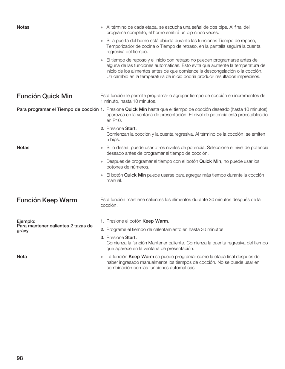 Función quick min, Función keep warm | Thermador AN AMERICAN ICON MBEB User Manual | Page 98 / 124