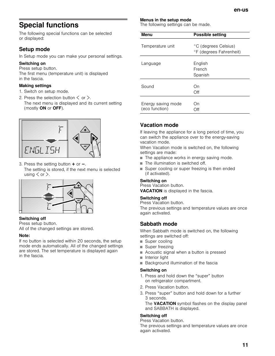 Special functions, Setup mode, Switching on | Making settings, Switch on setup mode, Press the selection button ¾ or, Press the setting button @ or a, Switching off, Note, Menus in the setup mode | Thermador T36BB User Manual | Page 11 / 67