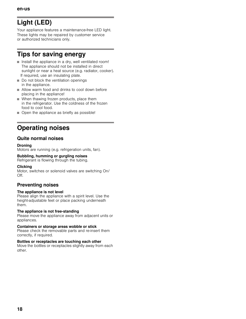 Light (led), Tips for saving energy, Operating noises | Quite normal noises, Droning, Bubbling, humming or gurgling noises, Clicking, Preventing noises, The appliance is not level, The appliance is not free-standing | Thermador T36BB User Manual | Page 18 / 67