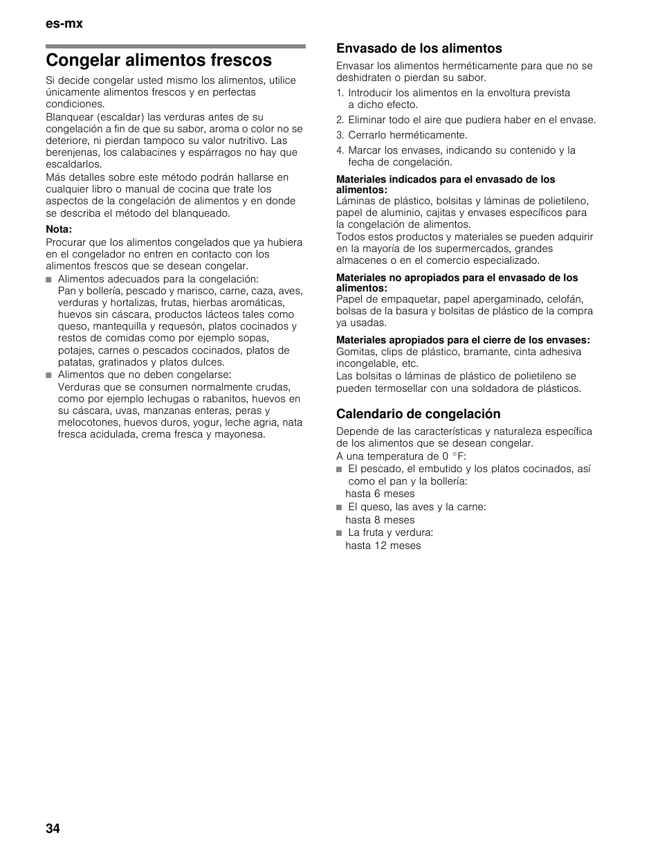 Congelar alimentos frescos, Nota, Envasado de los alimentos | Cerrarlo herméticamente, Calendario de congelación, Es-mx 34 | Thermador T36BB User Manual | Page 34 / 67