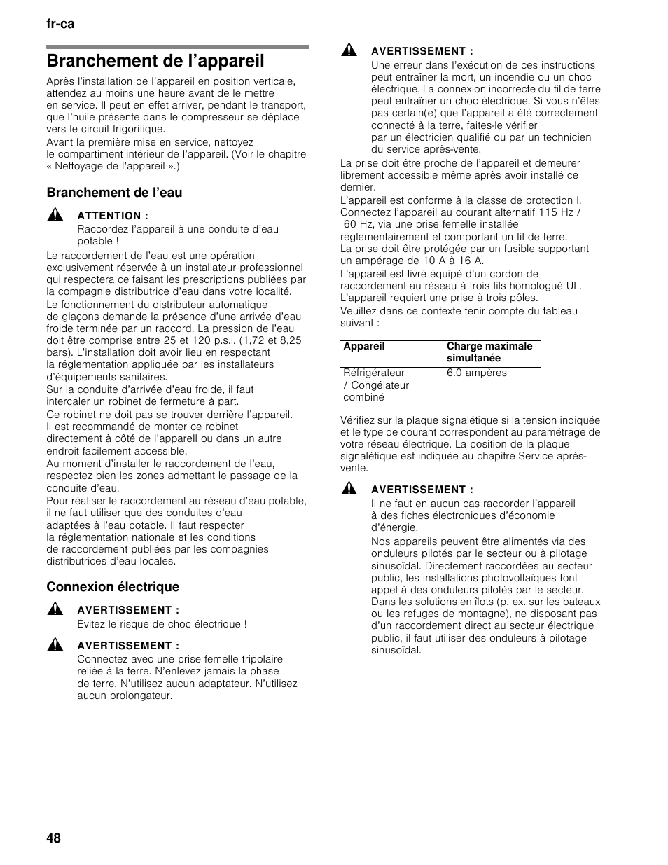 Branchement de l’appareil, Branchement de l’eau, Attention | Raccordez l’appareil à une conduite d’eau potable, Connexion électrique, Avertissement, Évitez le risque de choc électrique | Thermador T36BB User Manual | Page 48 / 67