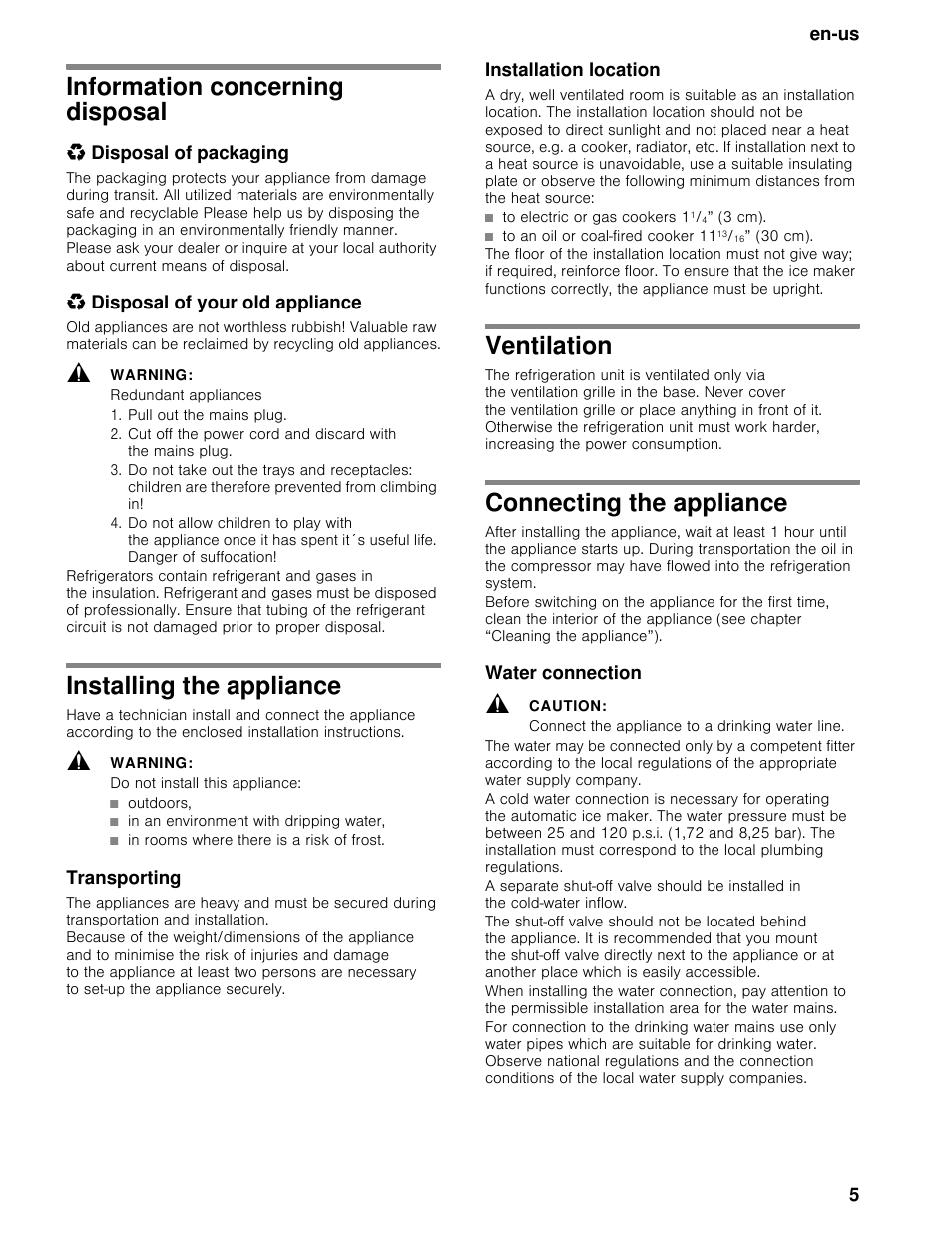 Information concerning disposal, Disposal of packaging, Disposal of your old appliance | Warning, Redundant appliances, Pull out the mains plug, Installing the appliance, Do not install this appliance, Transporting, Installation location | Thermador T36BB User Manual | Page 5 / 67