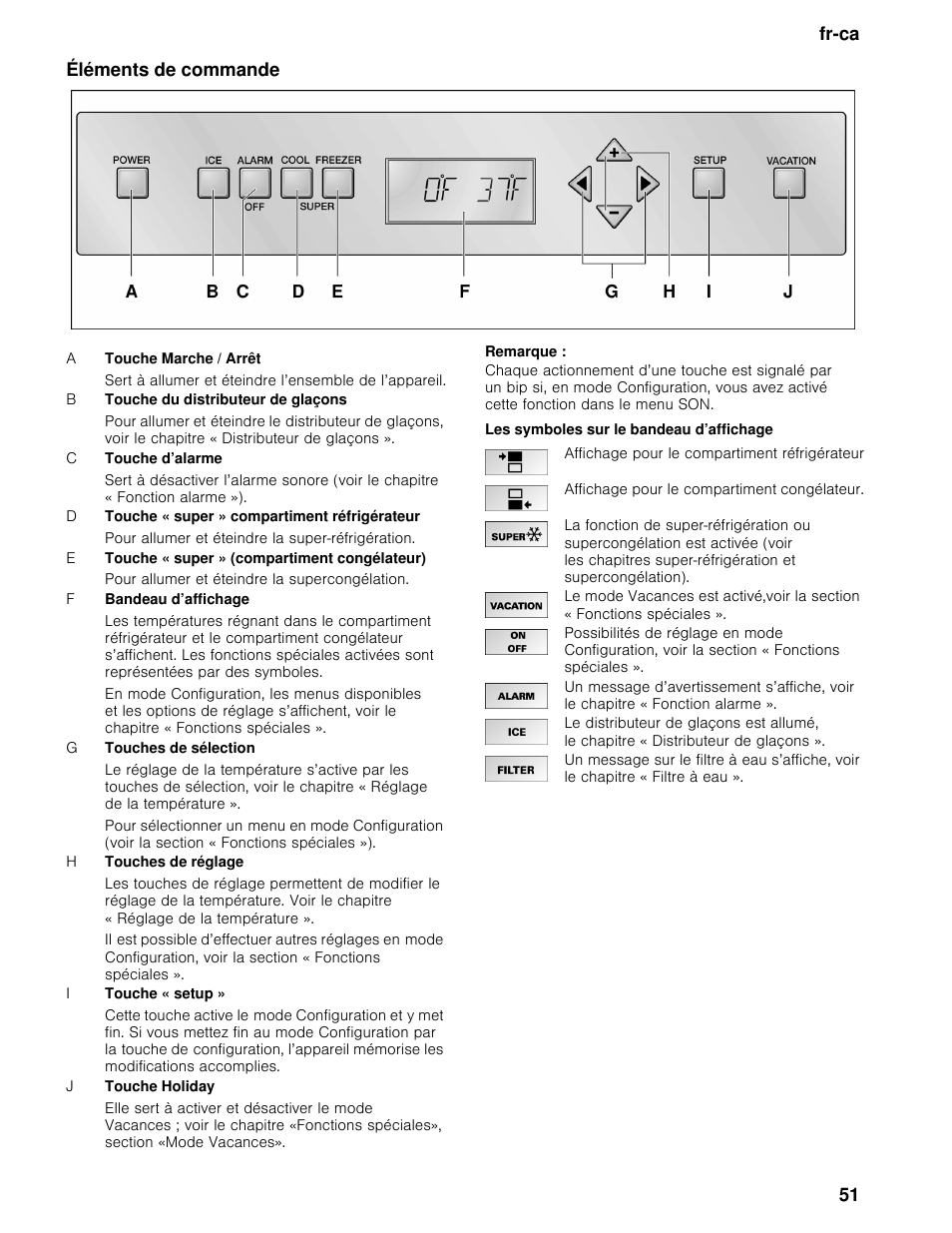 Éléments de commande, Remarque, Les symboles sur le bandeau d’affichage | Fr-ca 51 éléments de commande | Thermador T36BB User Manual | Page 51 / 67