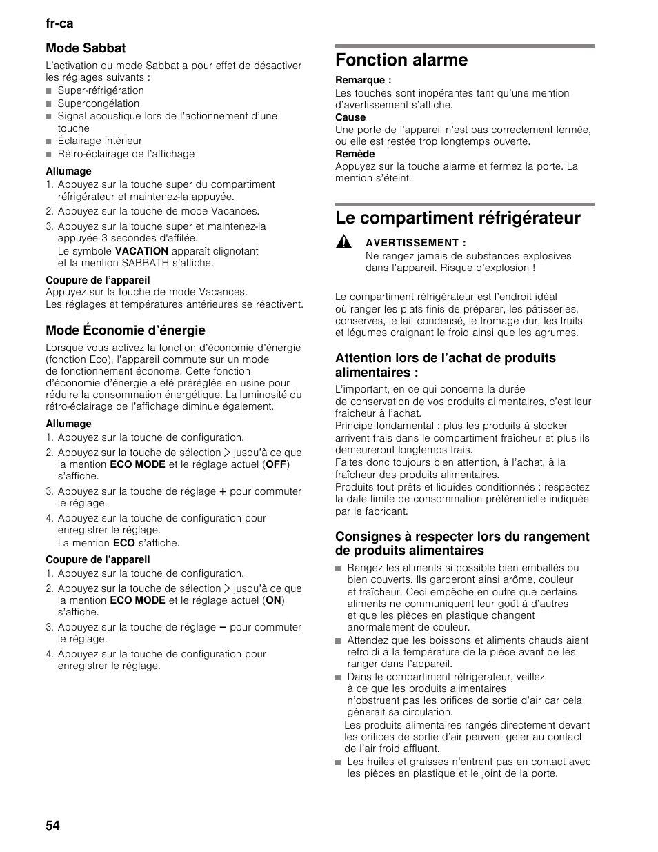 Mode sabbat, Allumage, Appuyez sur la touche de mode vacances | Coupure de l’appareil, Mode économie d’énergie, Appuyez sur la touche de configuration, La mention eco s’affiche, Fonction alarme, Remarque, Le compartiment réfrigérateur | Thermador T36BB User Manual | Page 54 / 67