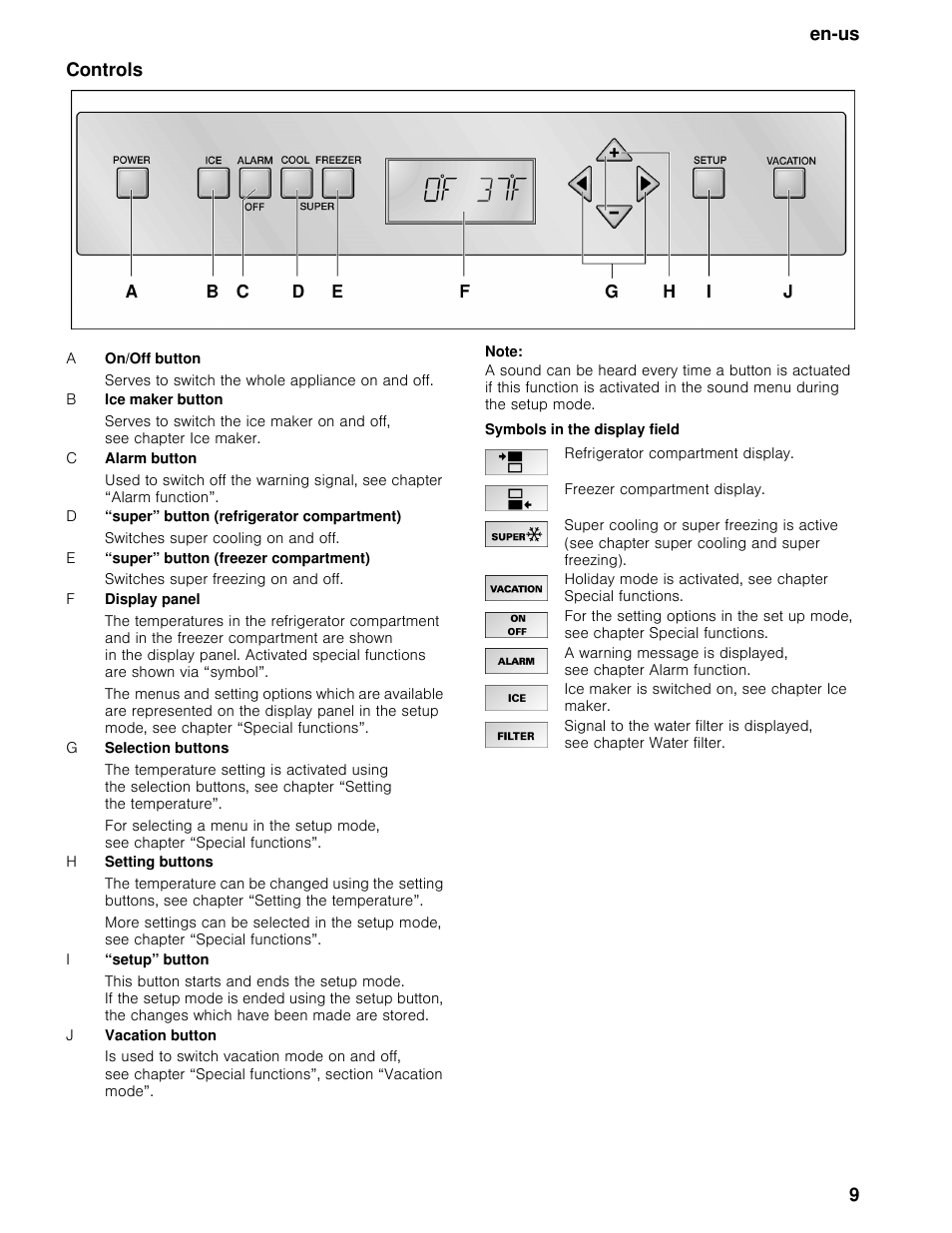 Controls, Note, Symbols in the display field | En-us 9 controls | Thermador T36BB User Manual | Page 9 / 67