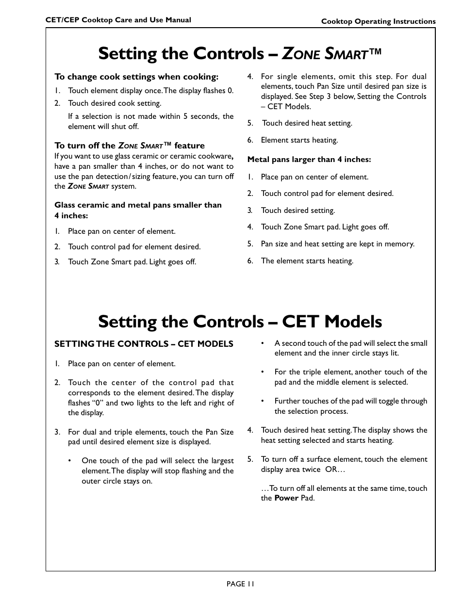 Setting the controls – z, Setting the controls – cet models, Mart | Thermador CEP456 User Manual | Page 13 / 20