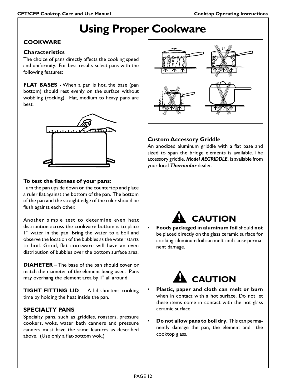 Using proper cookware, Caution | Thermador CEP456 User Manual | Page 14 / 20