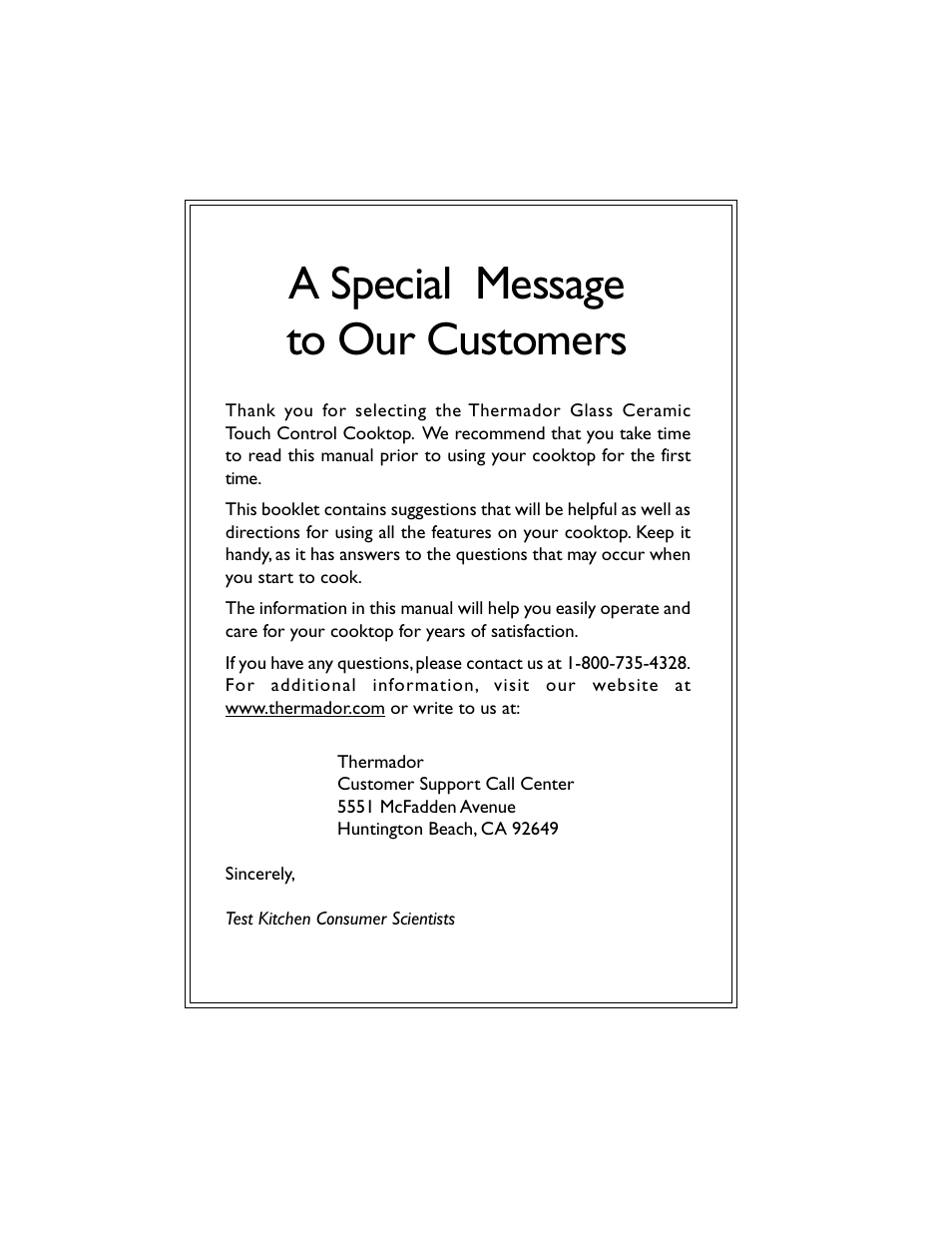 A special message to our customers | Thermador CEP456 User Manual | Page 2 / 20