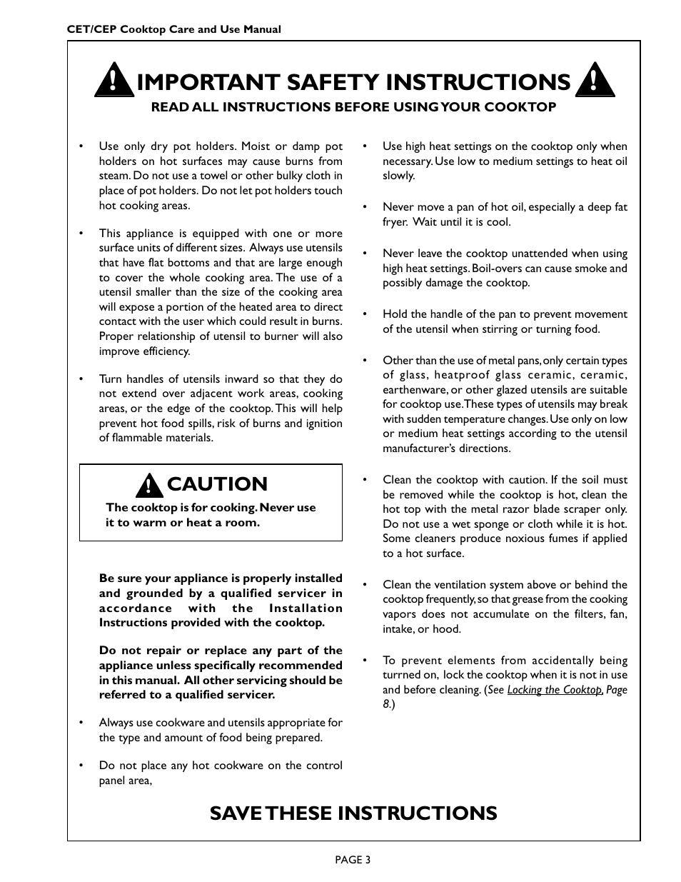 Important safety instructions, Save these instructions, Caution | Thermador CEP456 User Manual | Page 5 / 20