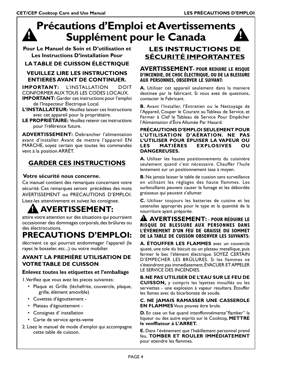 Avertissement, Precautions d’emploi | Thermador CEP456 User Manual | Page 6 / 20