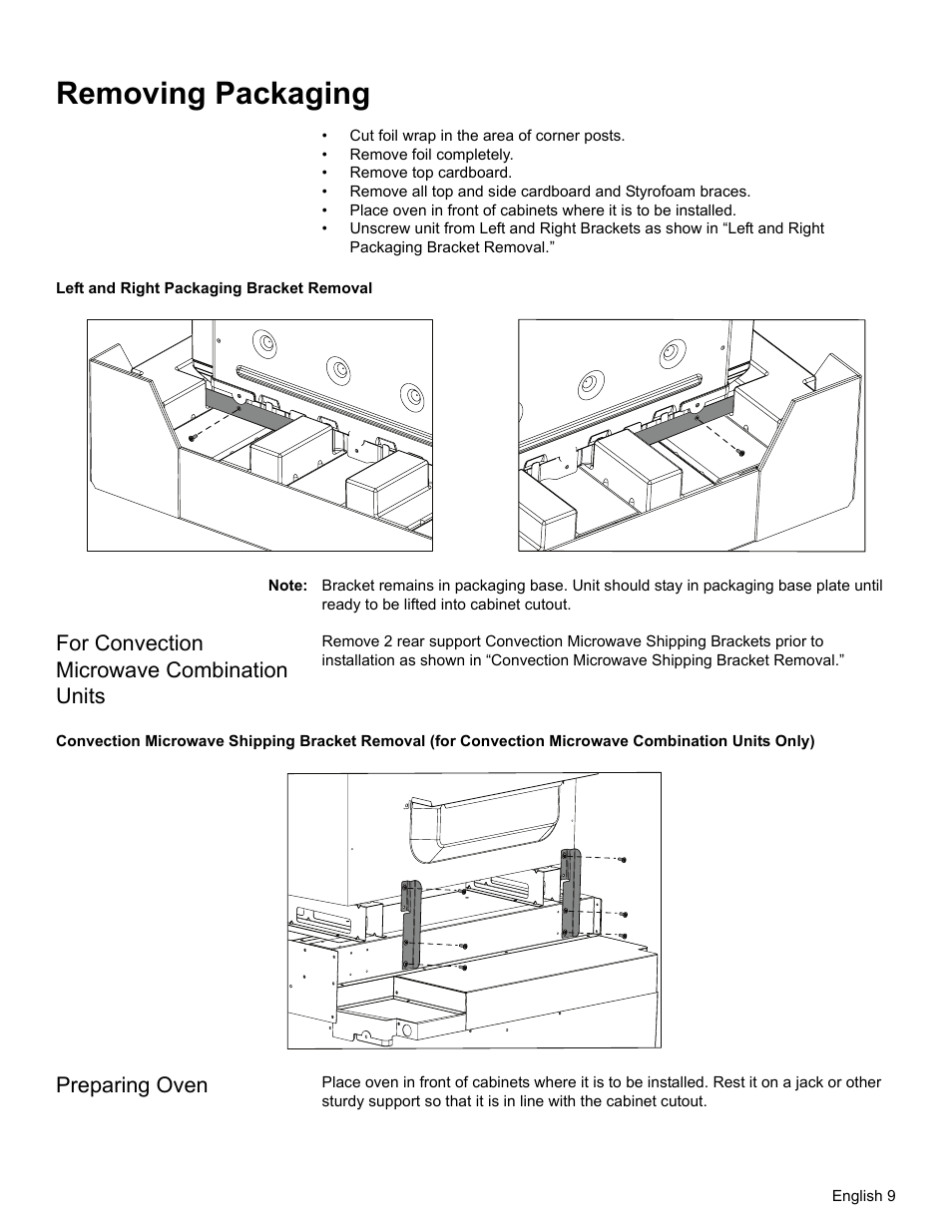 Removing packaging, Left and right packaging bracket removal, Note | For convection microwave combination units, Preparing oven | Thermador ME272 User Manual | Page 11 / 48