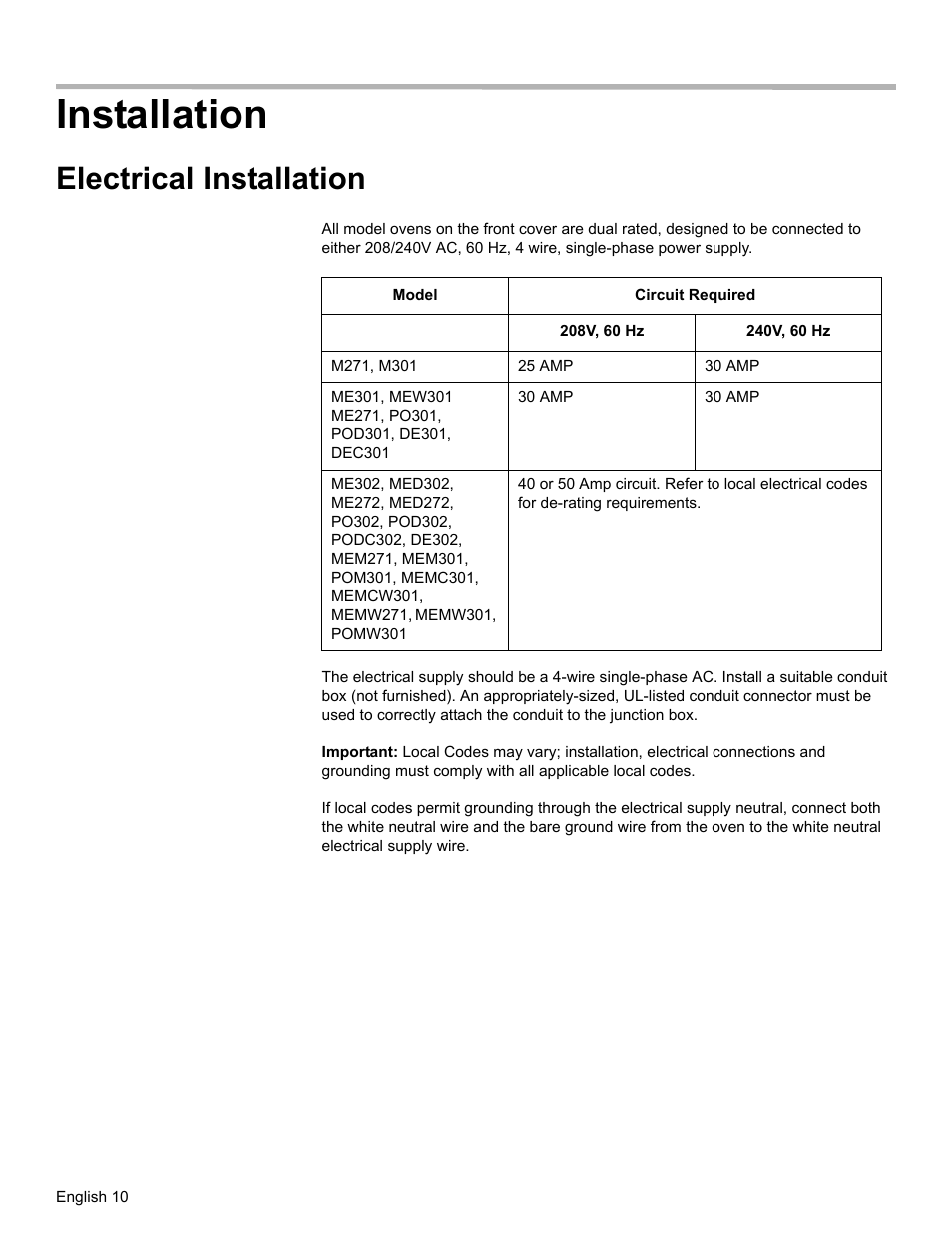 Installation, Electrical installation | Thermador ME272 User Manual | Page 12 / 48