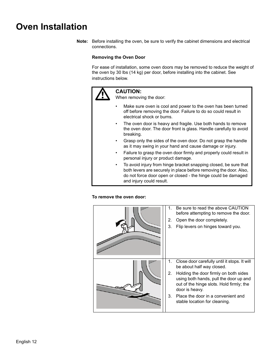Oven installation, Note, Open the door completely | Flip levers on hinges toward you | Thermador ME272 User Manual | Page 14 / 48