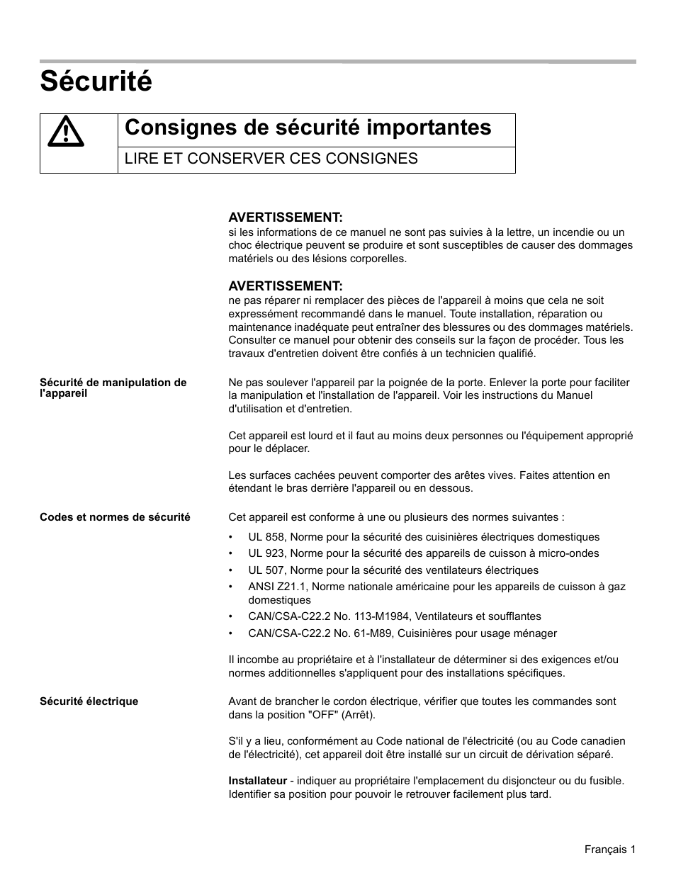 Sécurité, Consignes de sécurité importantes, Lire et conserver ces consignes | Sécurité de manipulation de l'appareil, Codes et normes de sécurité, Sécurité électrique | Thermador ME272 User Manual | Page 18 / 48