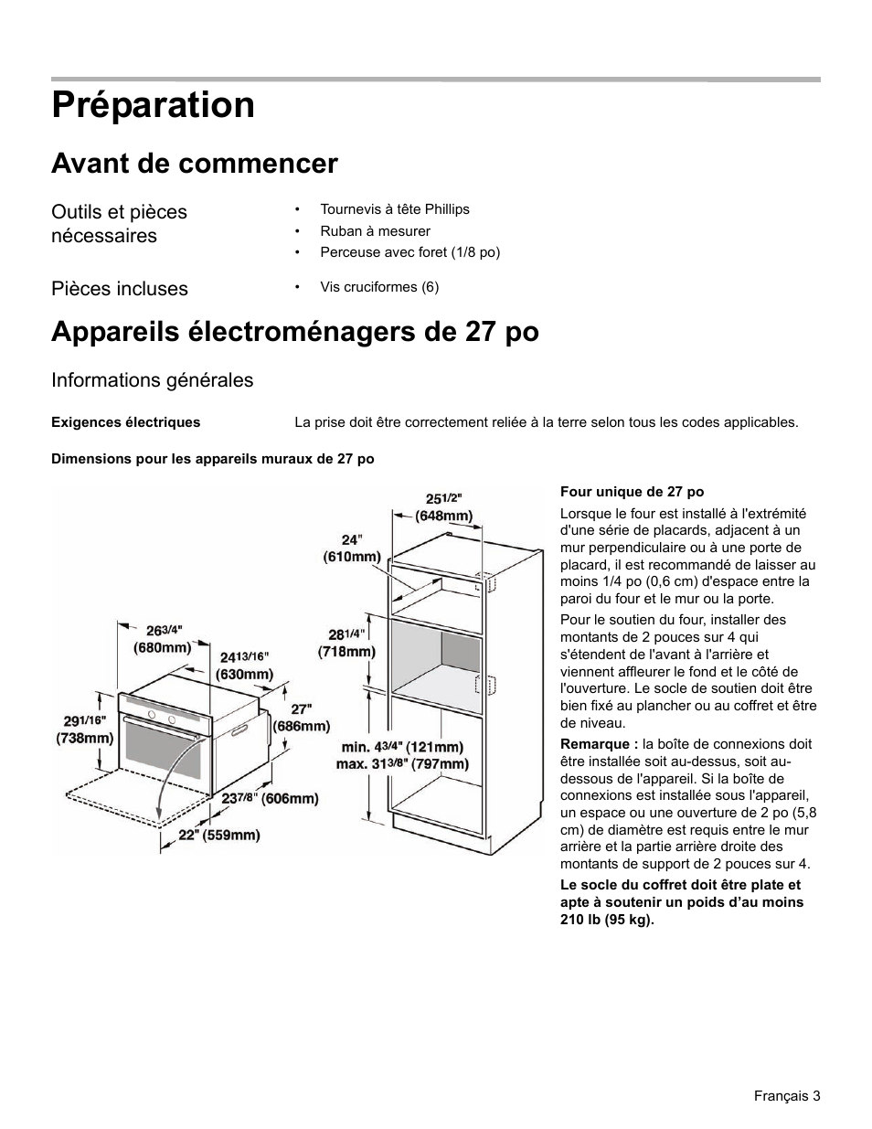 Préparation, Avant de commencer, Outils et pièces nécessaires | Pièces incluses, Appareils électroménagers de 27 po, Informations générales, Exigences électriques, Dimensions pour les appareils muraux de 27 po | Thermador ME272 User Manual | Page 20 / 48