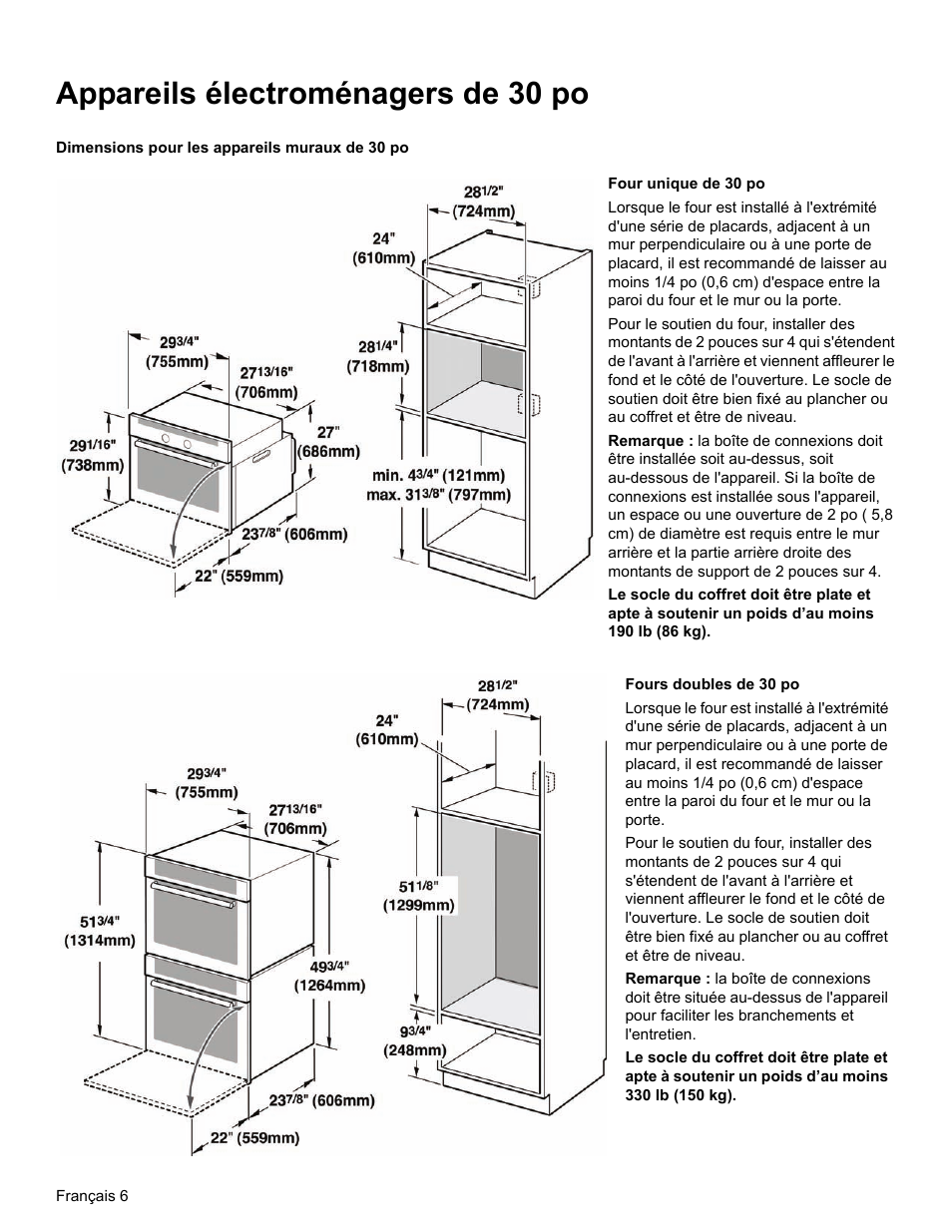 Appareils électroménagers de 30 po, Dimensions pour les appareils muraux de 30 po | Thermador ME272 User Manual | Page 23 / 48