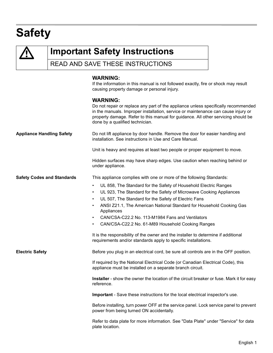 Safety, Important safety instructions, Read and save these instructions | Appliance handling safety, Safety codes and standards, Electric safety | Thermador ME272 User Manual | Page 3 / 48