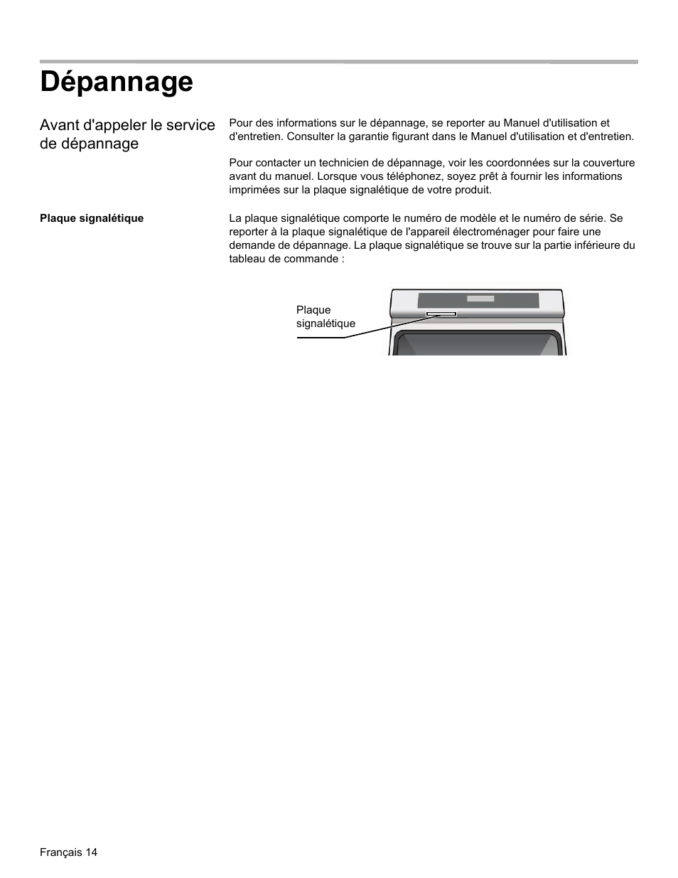 Dépannage, Avant d'appeler le service de dépannage, Plaque signalétique | Thermador ME272 User Manual | Page 31 / 48