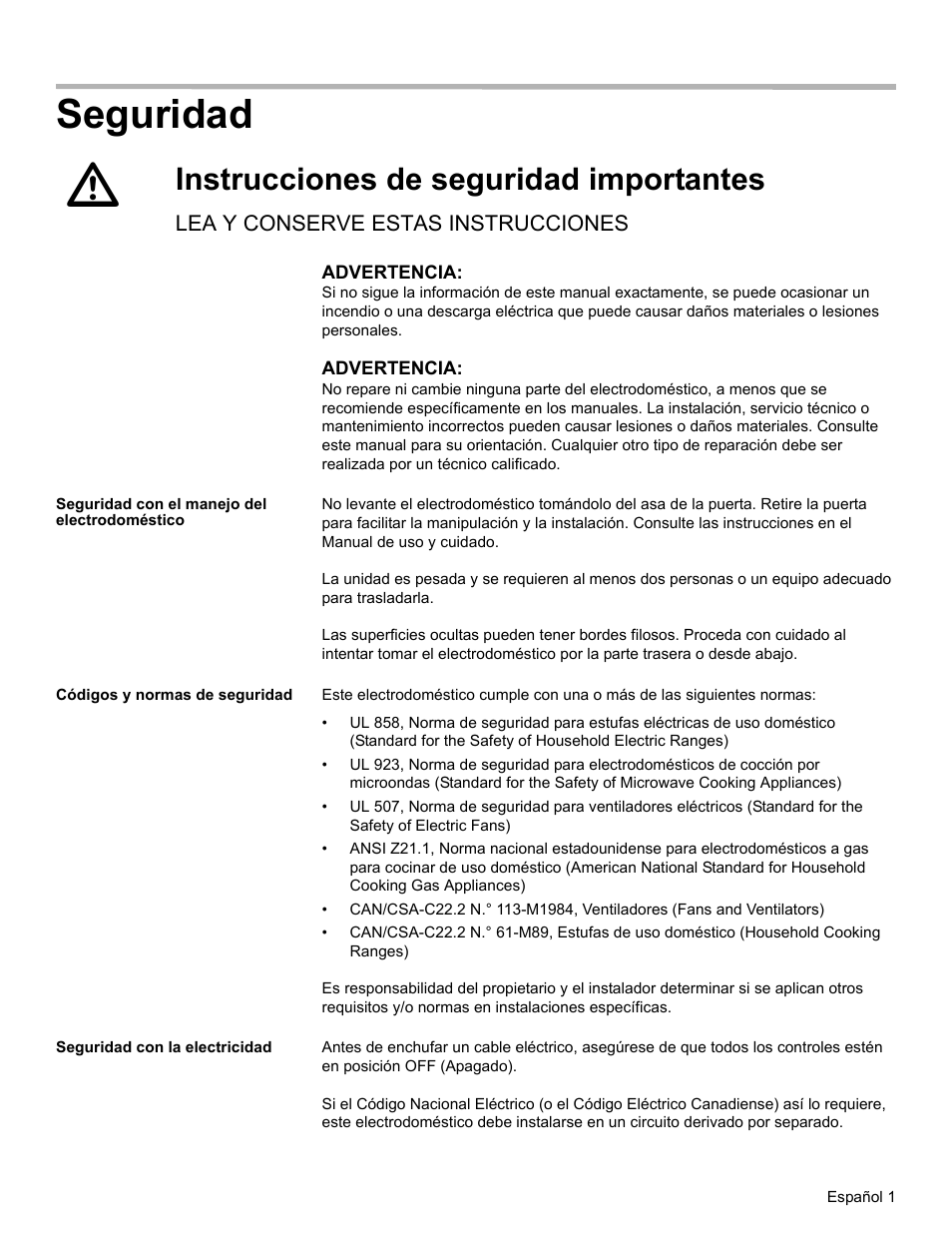 Seguridad, Instrucciones de seguridad importantes, Lea y conserve estas instrucciones | Seguridad con el manejo del electrodoméstico, Códigos y normas de seguridad, Seguridad con la electricidad | Thermador ME272 User Manual | Page 33 / 48