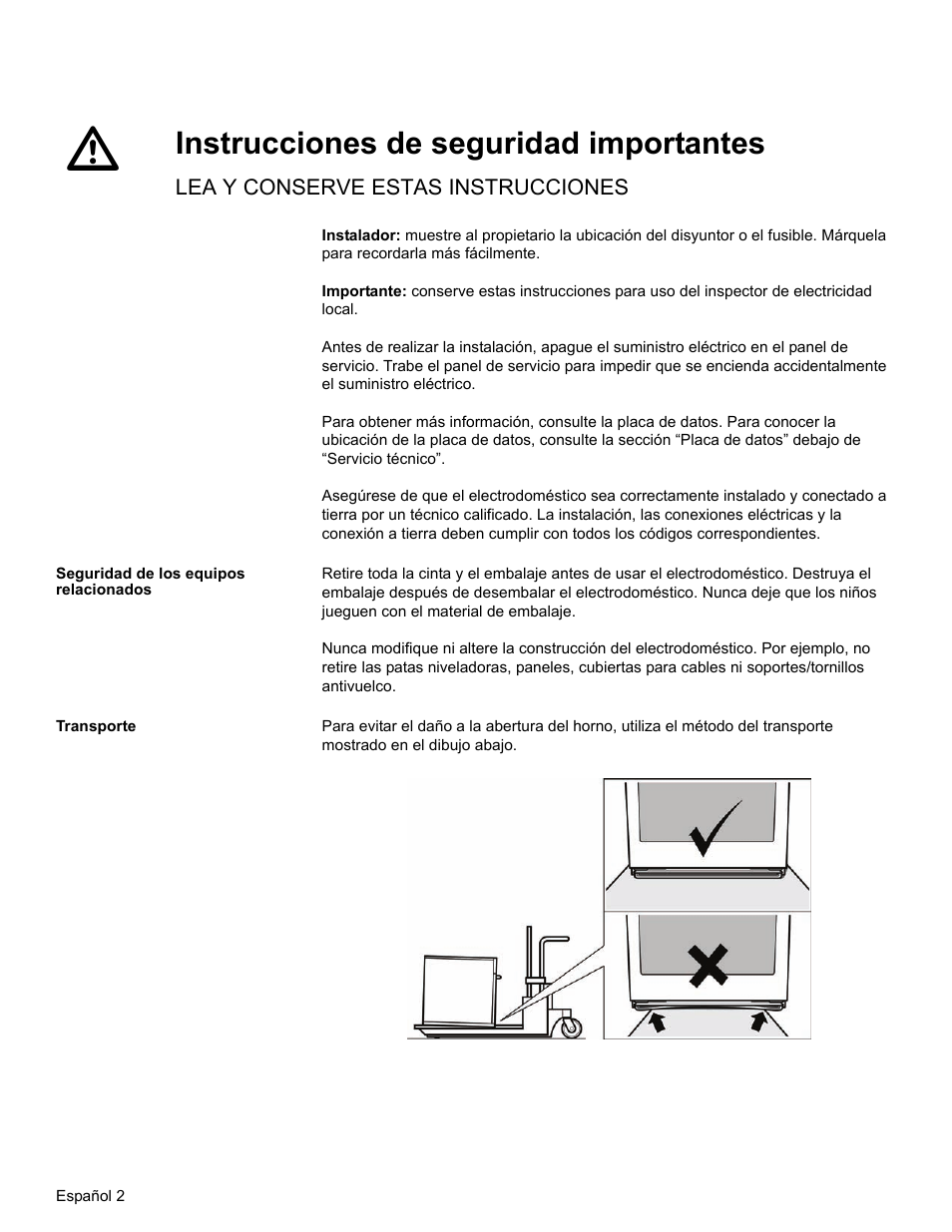 Instrucciones de seguridad importantes, Lea y conserve estas instrucciones, Seguridad de los equipos relacionados | Transporte | Thermador ME272 User Manual | Page 34 / 48